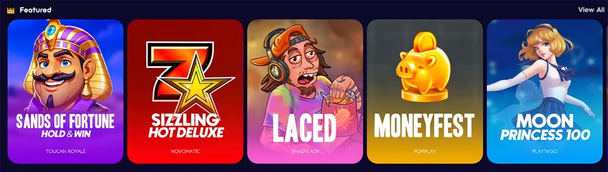 Featured games section with Sands of Fortune Hold & Win, Sizzling Hot Deluxe, Laced, Moneyfest, and Moon Princess 100, plus a “View All” link on a dark casino interface.