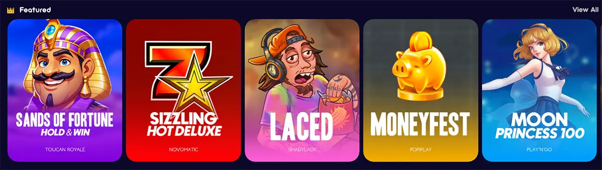 Featured games section with Sands of Fortune Hold & Win, Sizzling Hot Deluxe, Laced, Moneyfest, and Moon Princess 100, plus a “View All” link on a dark casino interface.
