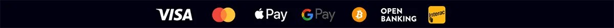 Payment methods row showing Visa, Mastercard, Apple Pay, Google Pay, Bitcoin, Open Banking, and Interac on a dark blue background.