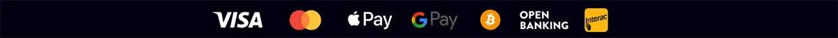 Payment methods row showing Visa, Mastercard, Apple Pay, Google Pay, Bitcoin, Open Banking, and Interac on a dark blue background.