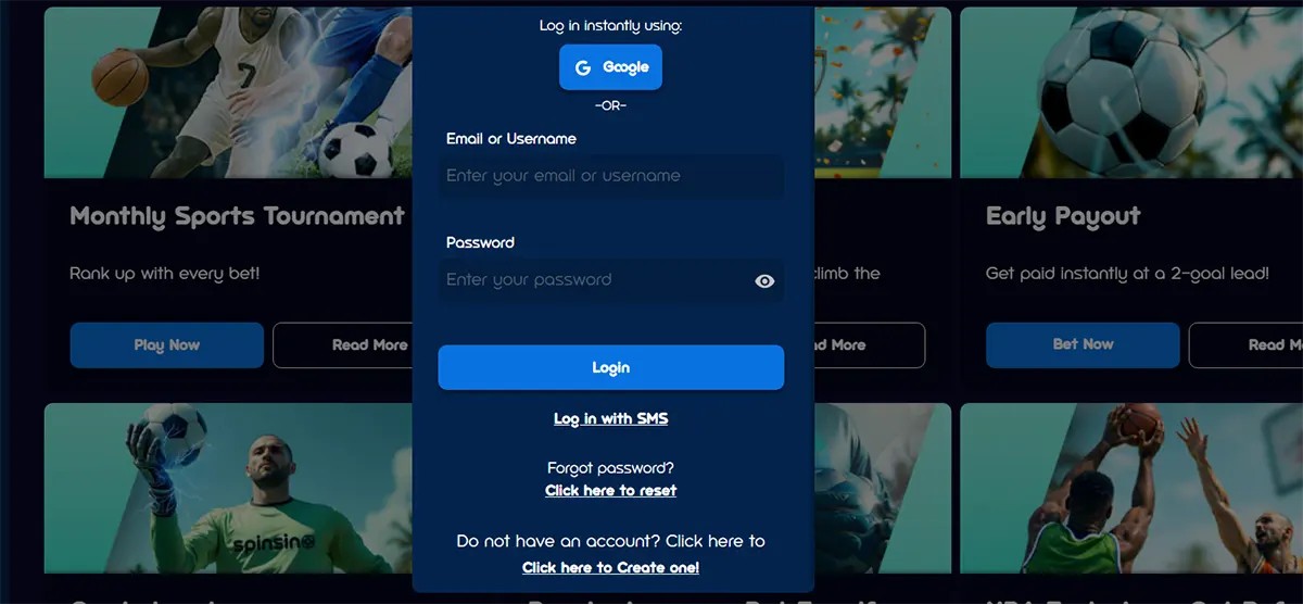 Casino login popup with Google sign-in, email or username and password fields, a blue login button, SMS login option, password reset link, and account creation prompt over a dark sports-themed background.