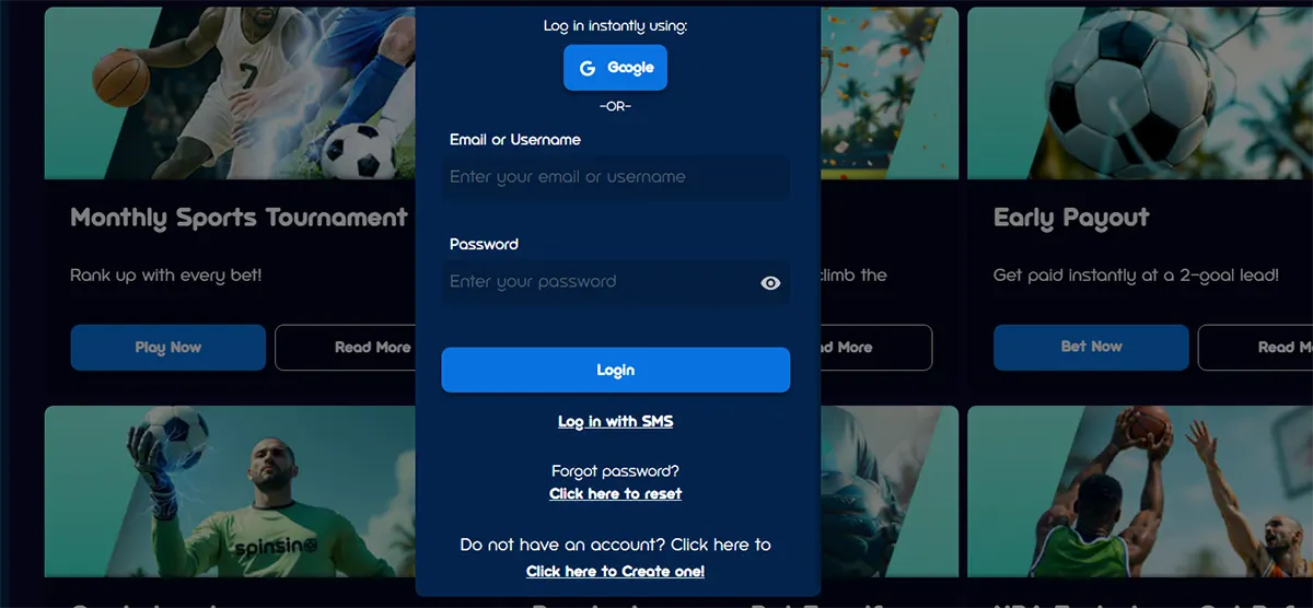 Casino login popup with Google sign-in, email or username and password fields, a blue login button, SMS login option, password reset link, and account creation prompt over a dark sports-themed background.